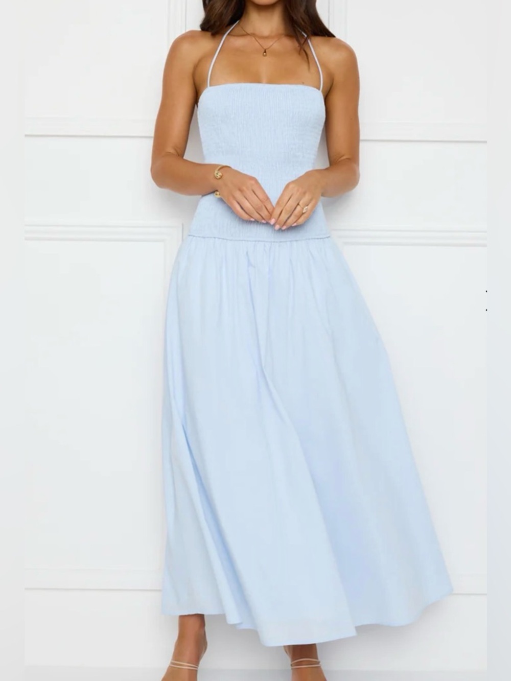 Hello Molly Unmatched Energy blue halter maxi dress, size 6